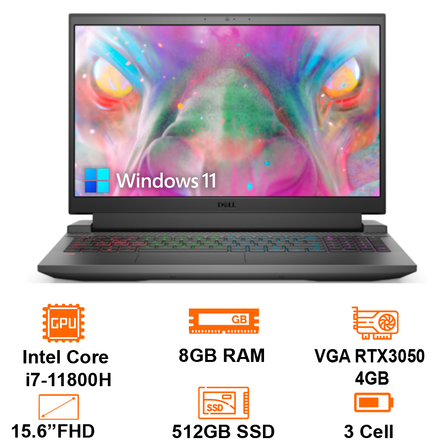 MTXT Gaming Dell G15 5511A Intel i7-11800H/8GB/512GB SSD PCIe/15.6" FHD/RTX3050 4GB/FP/Win11H+ Office HS21/Gray(P105F006AGR)